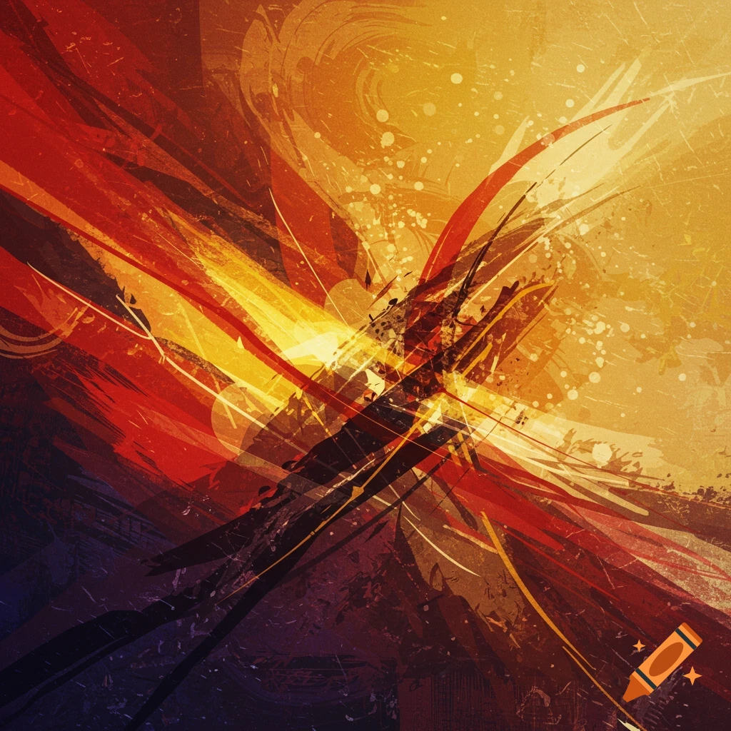 An abstract image with dynamic red, orange, and yellow strokes and splatters on a textured background.