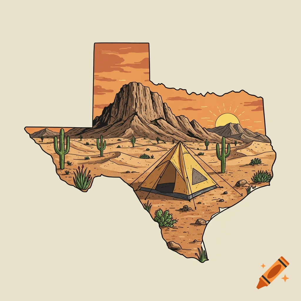 Illustration of a desert landscape with a tent inside the outline of Texas