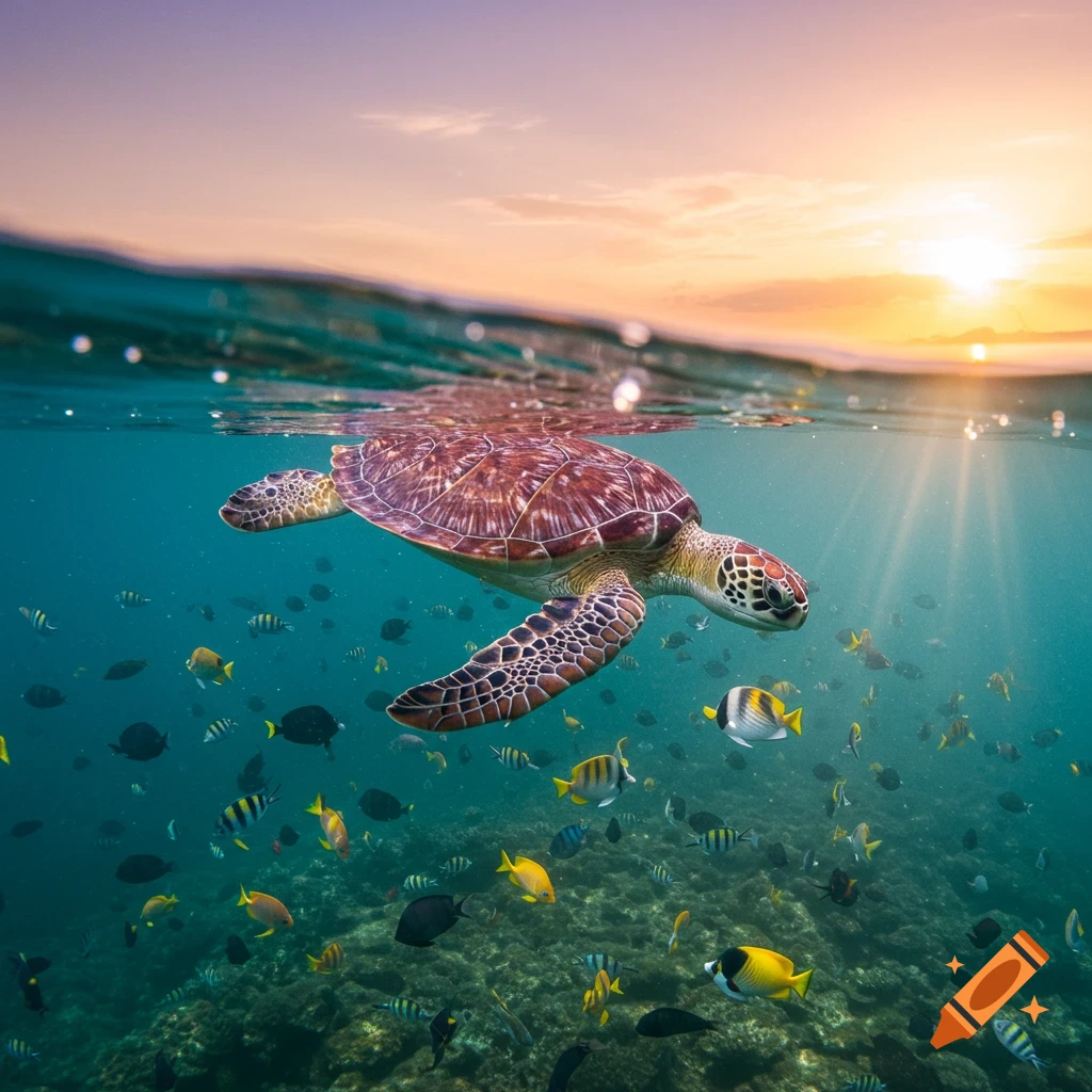 A sea turtle swims underwater among colorful fish, with the water's surface and a sunset above.