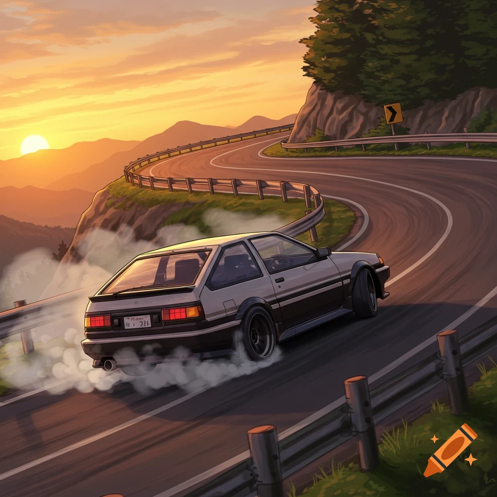 A white and black Toyota AE86 car drifts on a mountain road at sunset.