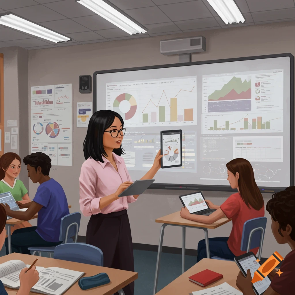 A teacher presenting data to students in a classroom