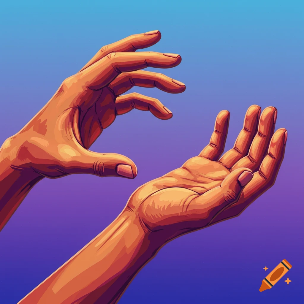 Two hands reaching out against a gradient background.