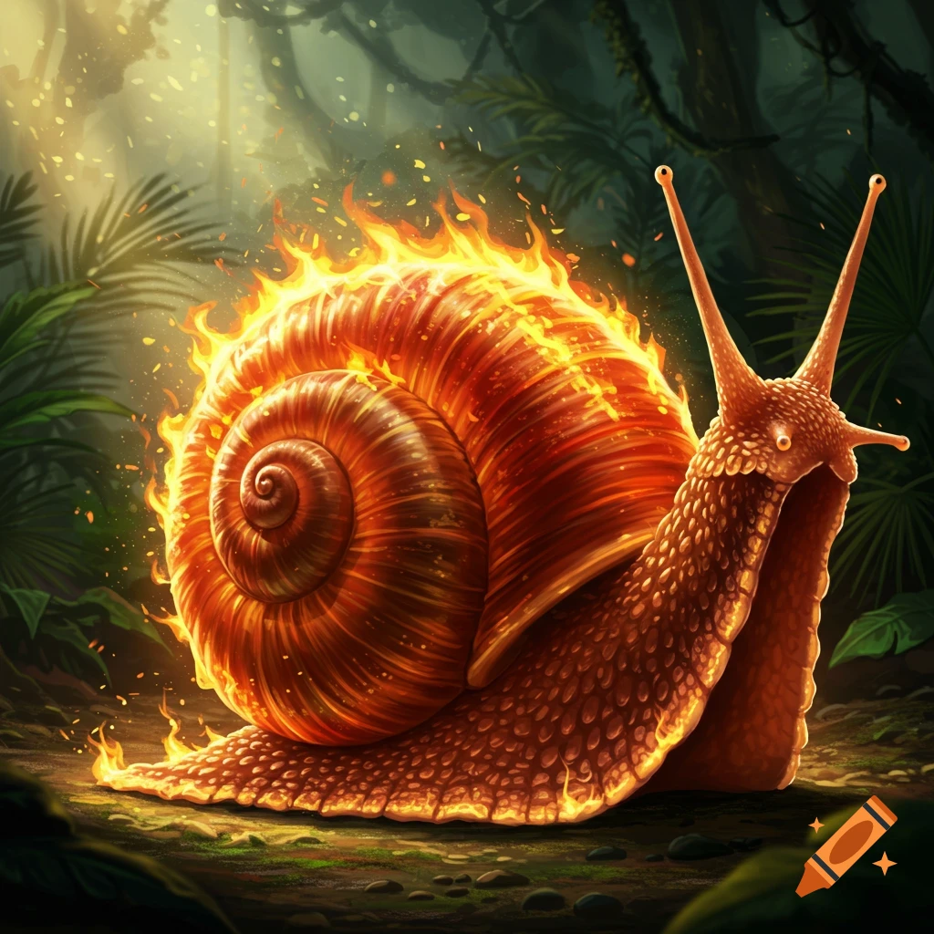 A fiery snail with a glowing shell crawls through a dark forest.