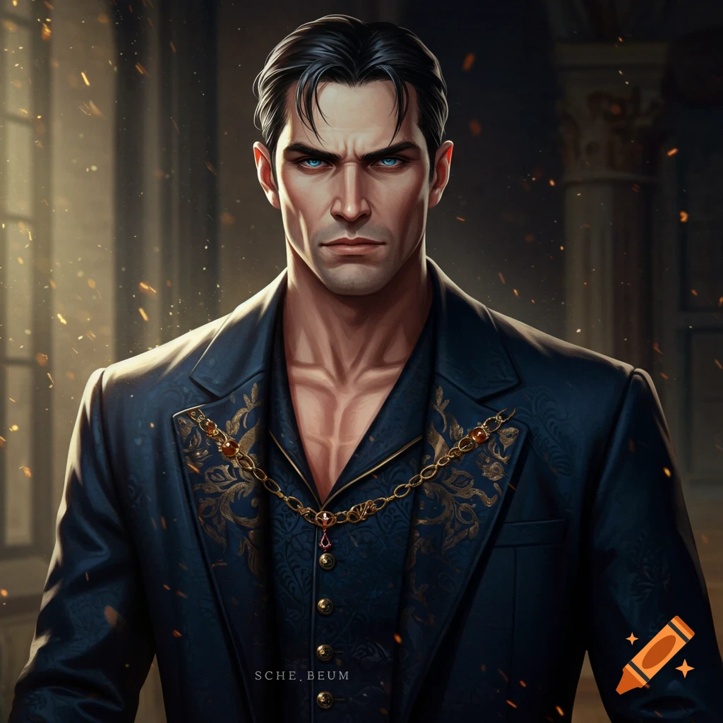 A man with blue eyes and black hair in a dark blue suit with gold trim and chain, with dramatic lighting and sparks.
