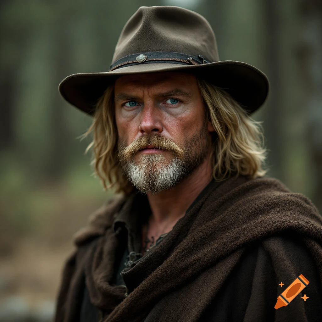 Close-up portrait of a rugged man with a beard, long hair, hat, and cloak, outdoors.