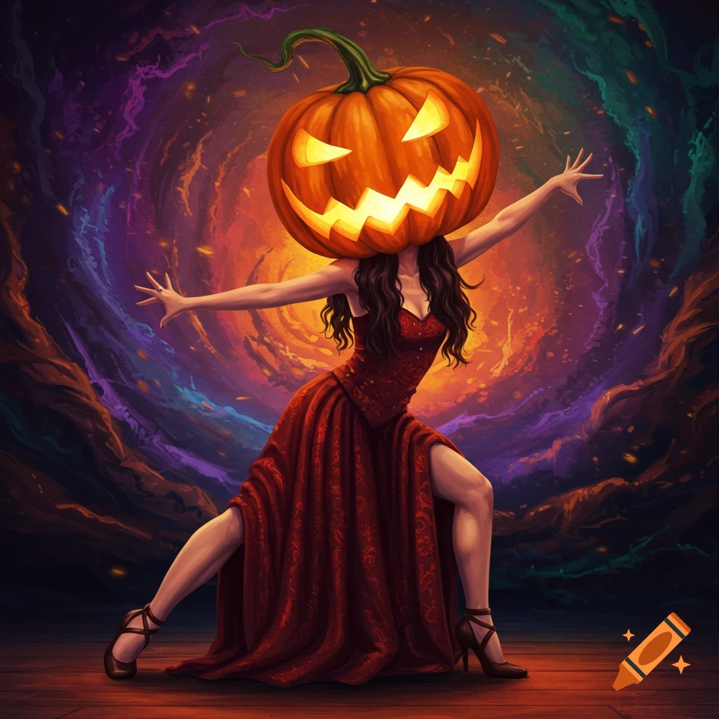 A woman with a pumpkin head dances in a red dress against a swirling, colorful background.