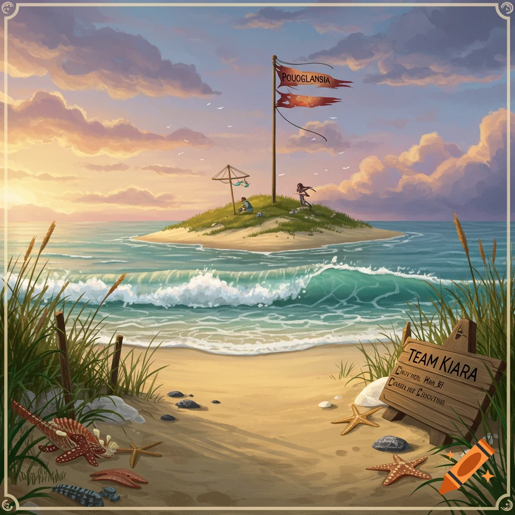 Hand-painted beach scene at sunset with waves, an island, and a sign on the sand.