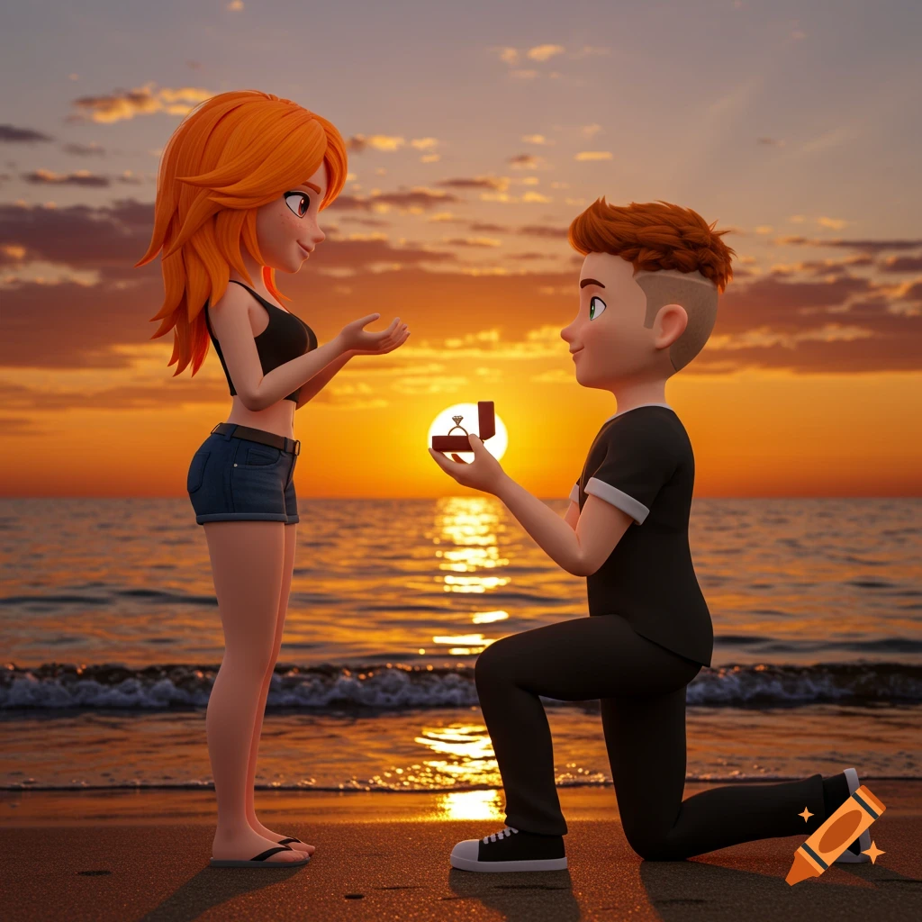 3D render of a man proposing to a woman on a beach at sunset.