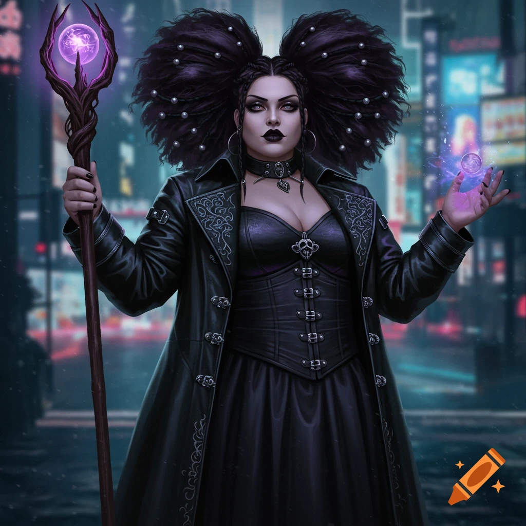 A plus size gothic cyberpunk witch casting a spell in a city street at night.