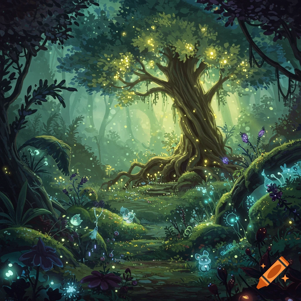 A magical forest scene with a large tree glowing lights, glowing flowers, and small glowing creatures.