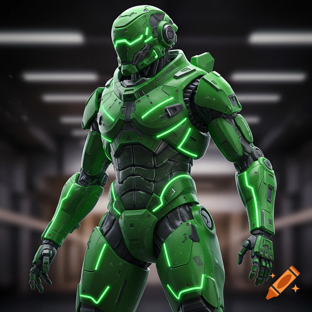 A neon green and dark gray futuristic mech suit with glowing green lines.