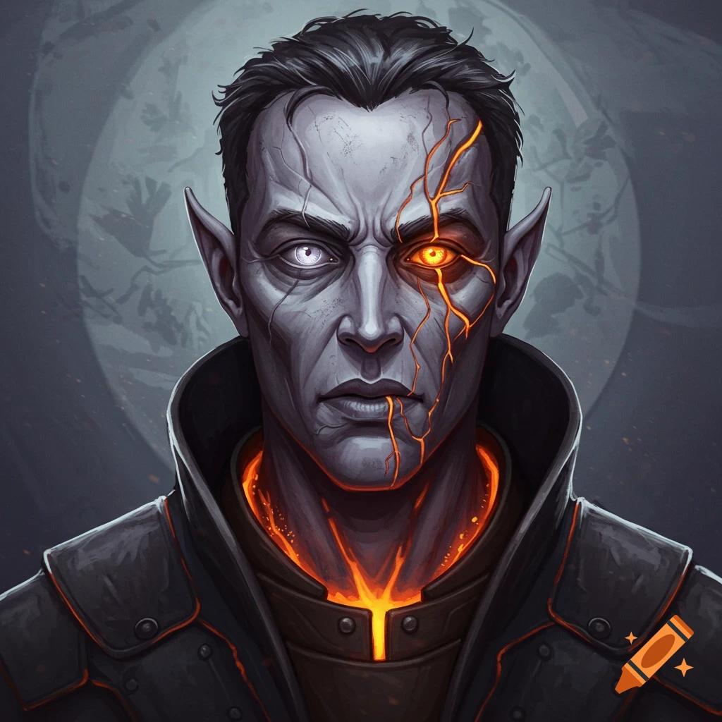 Portrait of a fantasy character with glowing cracks and different colored eyes.