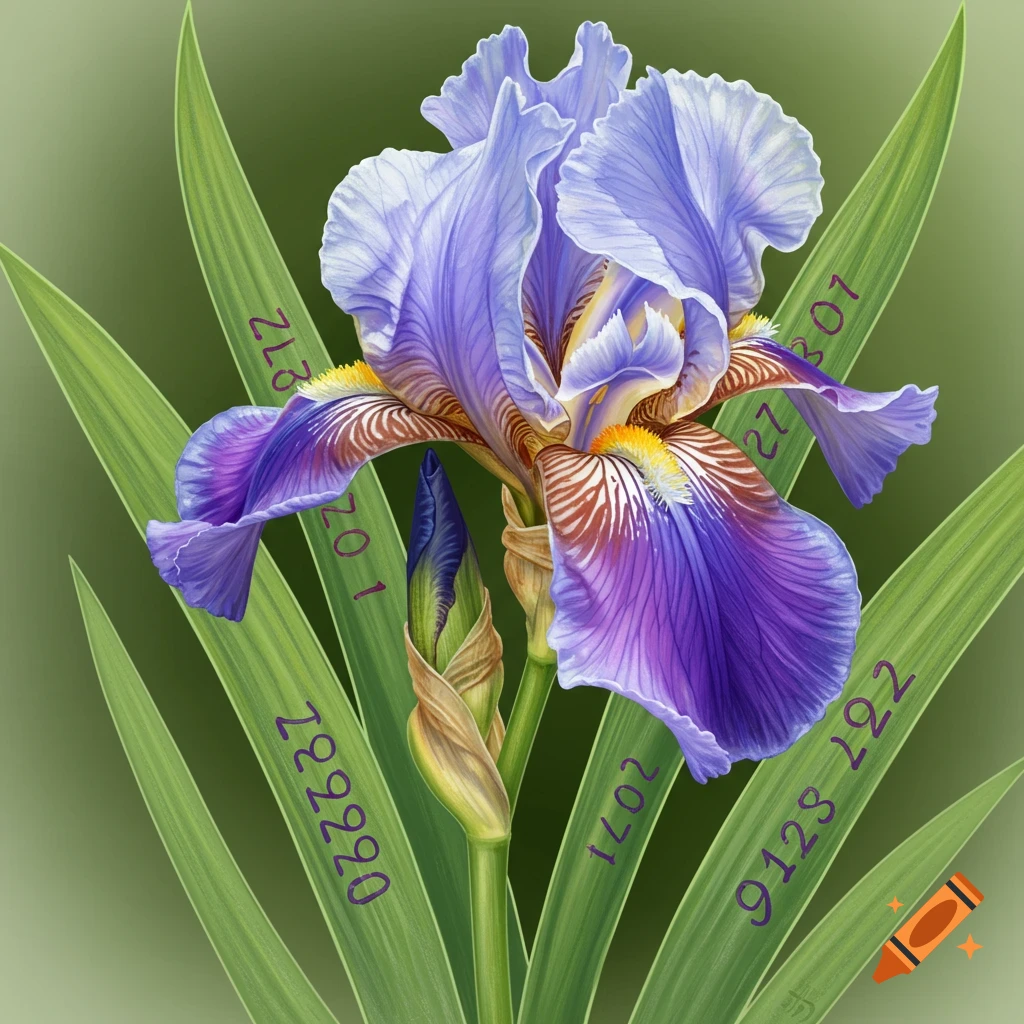 A purple and yellow iris flower is shown with green leaves that have numbers on them.