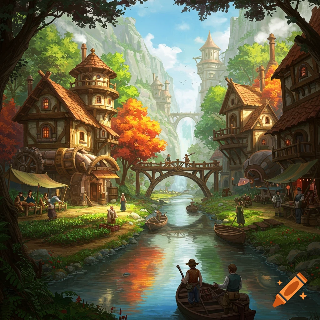 A fantasy village with steampunk elements lines a river, with people in boats and on a bridge.