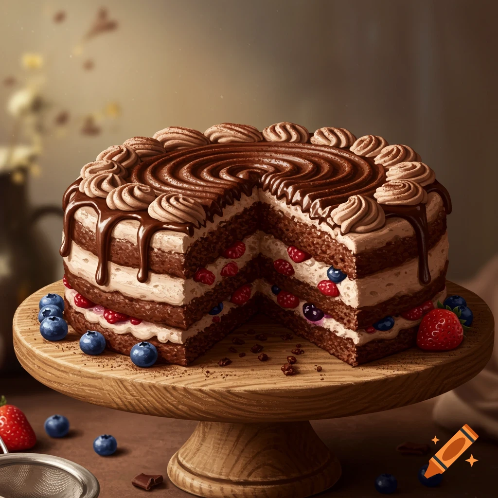 A chocolate cake with frosting, berries, and a slice removed on a wooden stand.