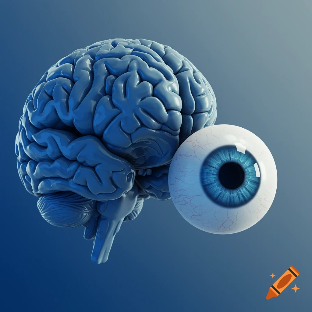 A 3D render of a blue human brain next to a human eye.