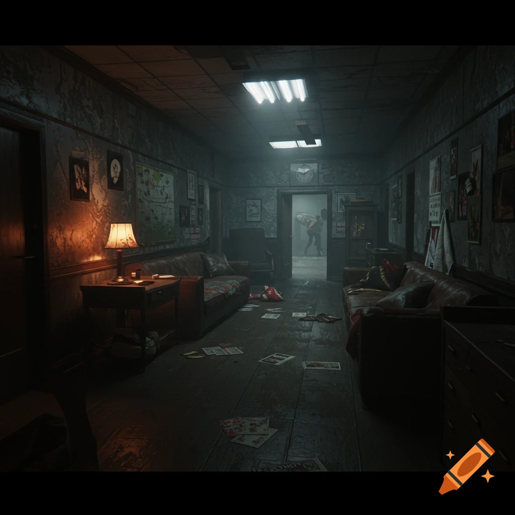 Dark, cluttered hallway with worn furniture and figures in the distance, photorealistic.