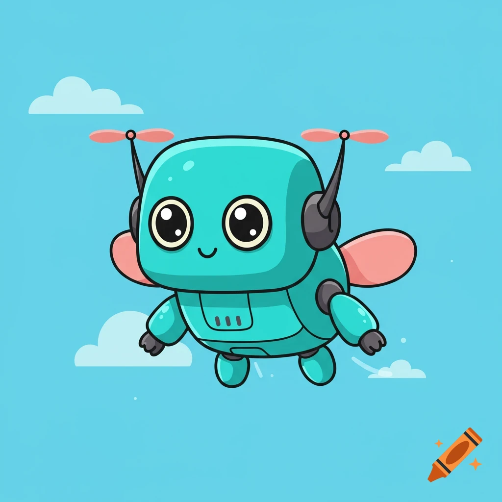 A cute turquoise cartoon robot with propellers flies in a blue sky with clouds.