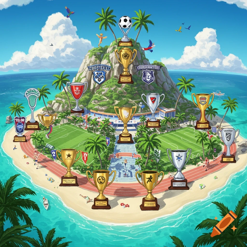 A sports island with soccer and track fields, palm trees, and many large trophies.