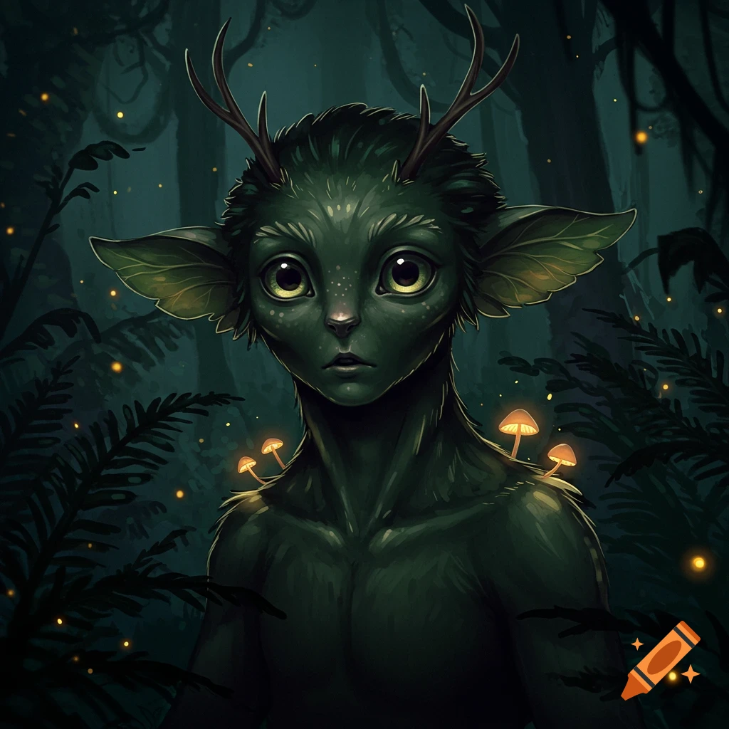 A green fantasy creature with antlers and leaf ears in a dark forest with glowing mushrooms