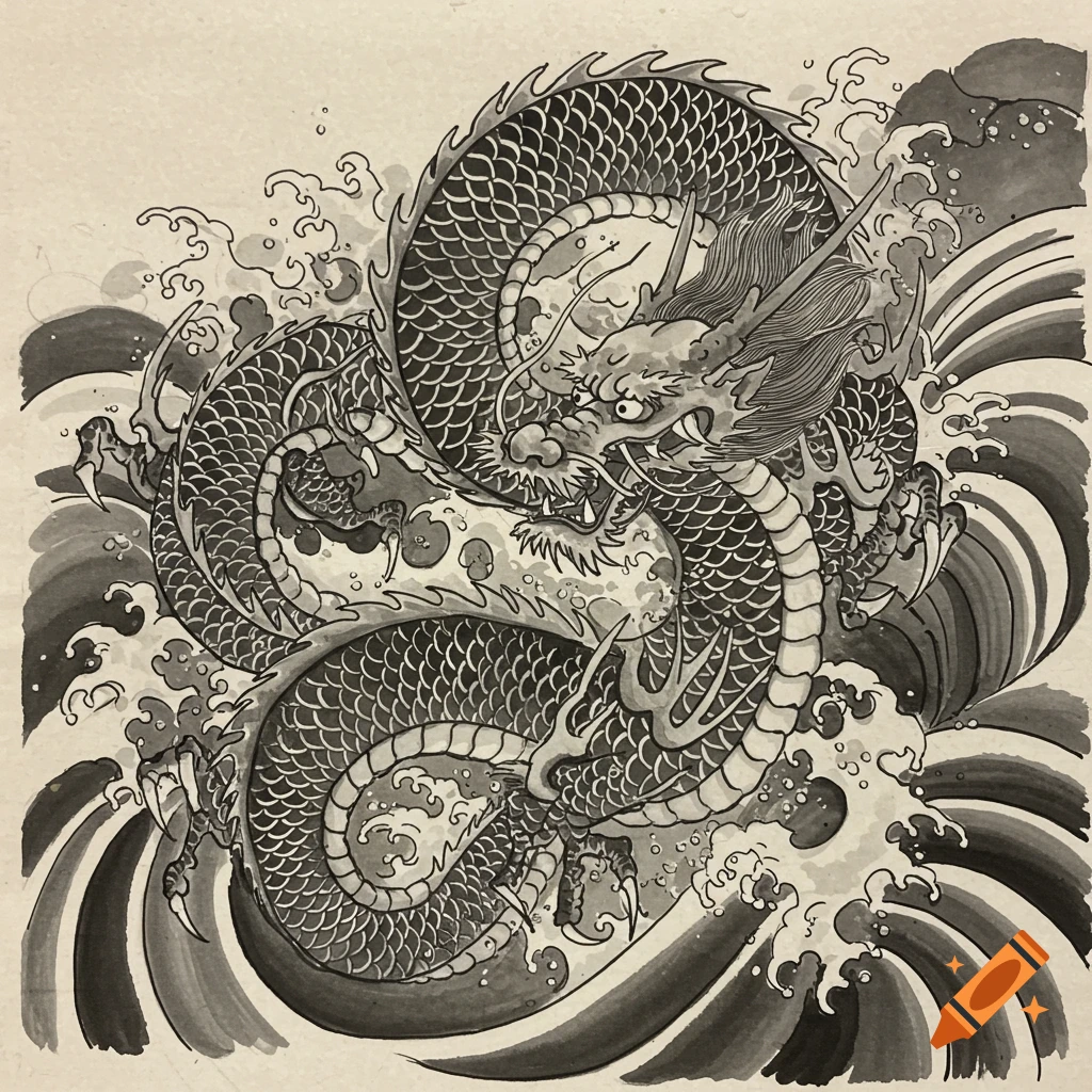Japanese ink style drawing of a dragon surrounded by waves