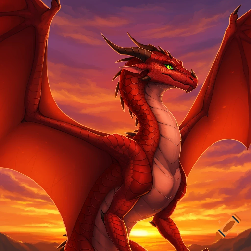 A red dragon with green eyes spreads its wings against a vibrant sunset sky.