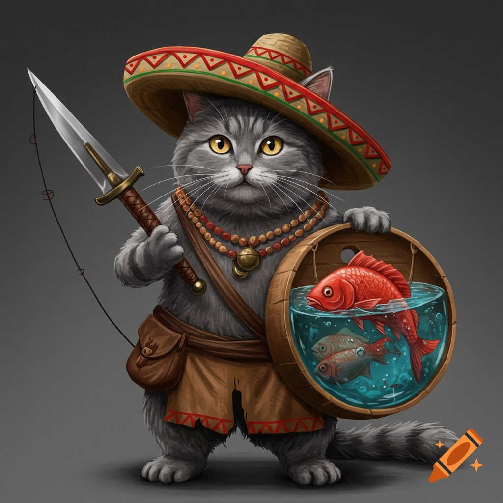 Gray cat wearing a sombrero, holding a sword and a fishbowl shield with fish.