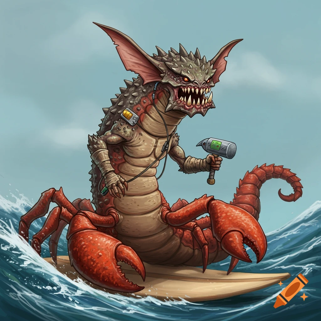 A monstrous creature with crab claws and a scorpion tail is surfing on a surfboard.