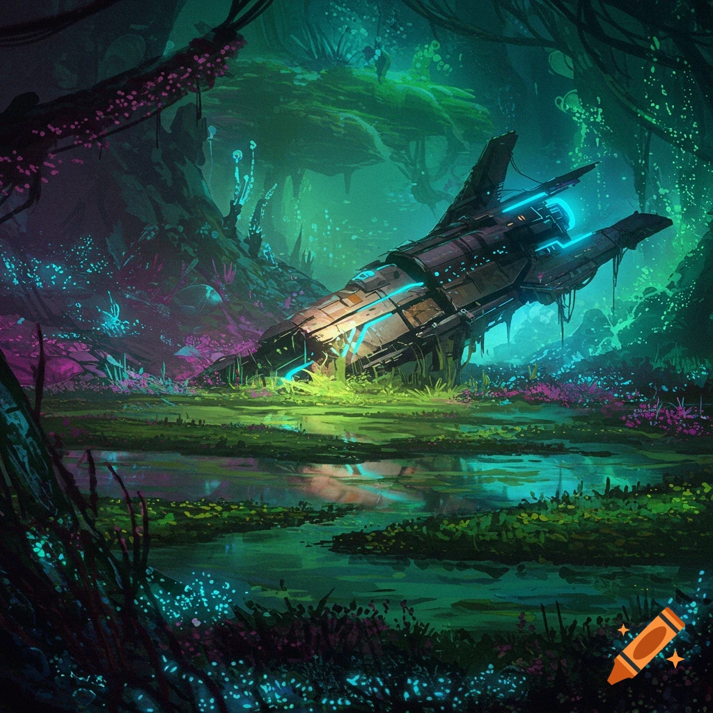 A crashed spaceship in a vibrant alien swamp with glowing plants.