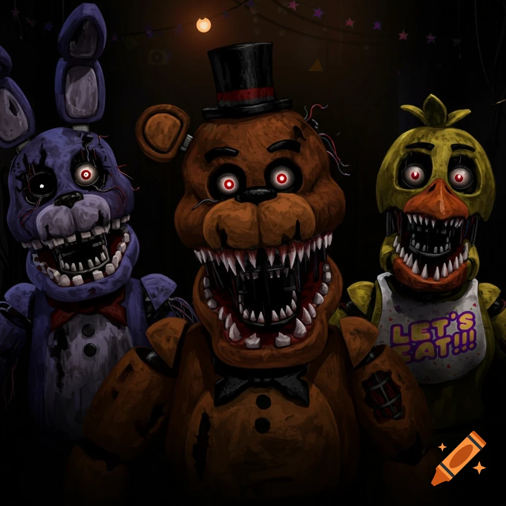 Image of three deformed Five Nights at Freddy's animatronics (Bonnie, Freddy, Chica) with glowing eyes.