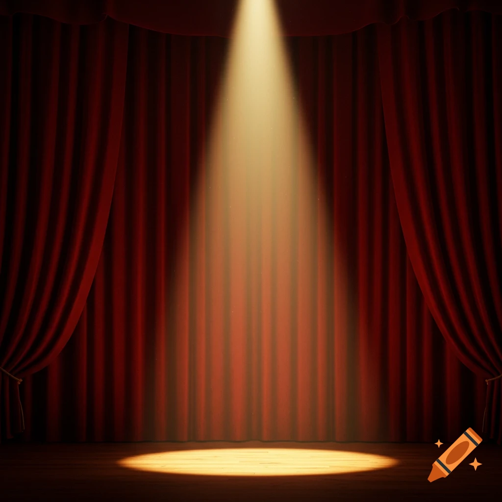 A spotlight illuminates a theater stage with red curtains.