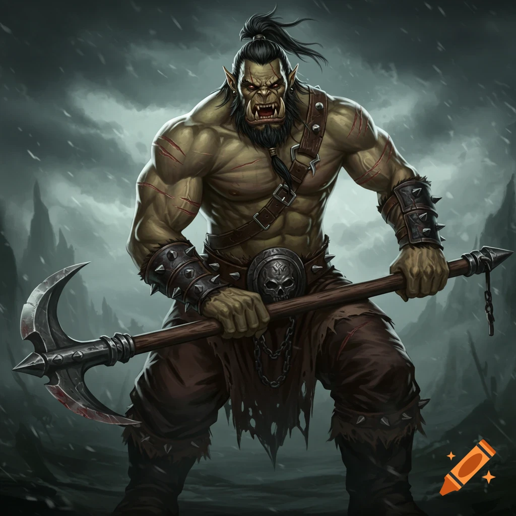 A muscular orc barbarian is holding a glaive in a stormy landscape.