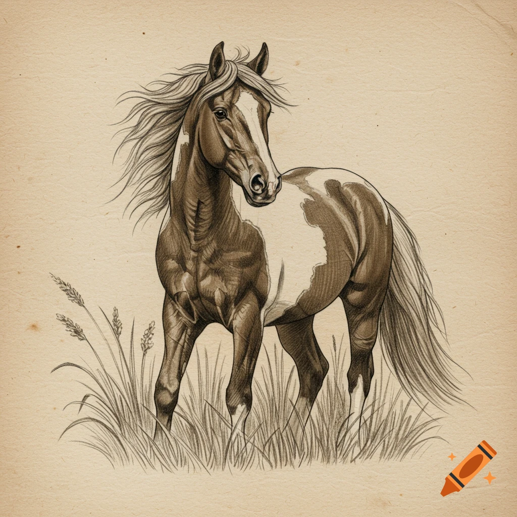 A sepia-toned sketch of a brown and white paint horse standing in tall grass.