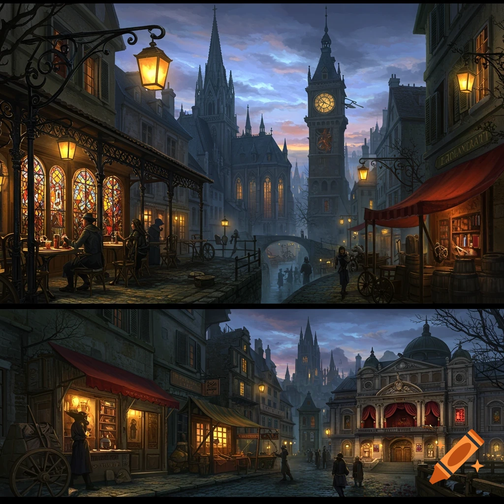 A dark fantasy city street at dusk, featuring detailed buildings, various people, and a prominent clock tower dominating the skyline.