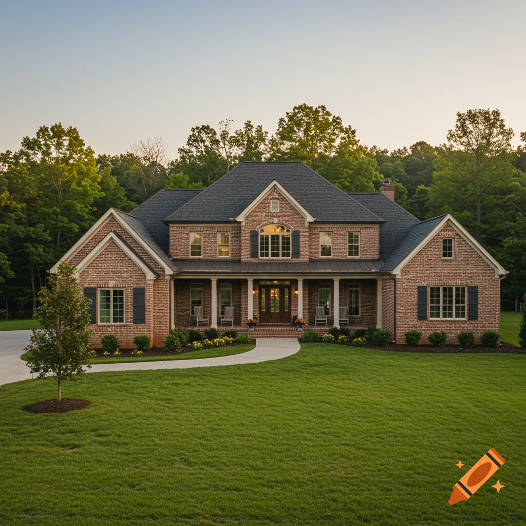 Photorealistic image of a large brick house with a grey roof, porch, and front lawn.