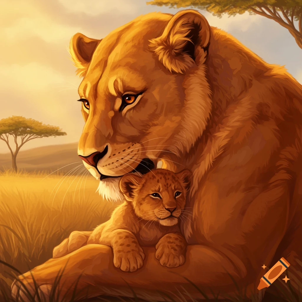A lioness and her cub in a warm savanna landscape.