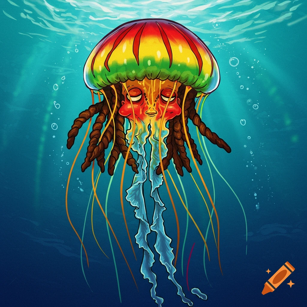 A rasta reggae jellyfish with colorful bell and dreadlocks swimming underwater.