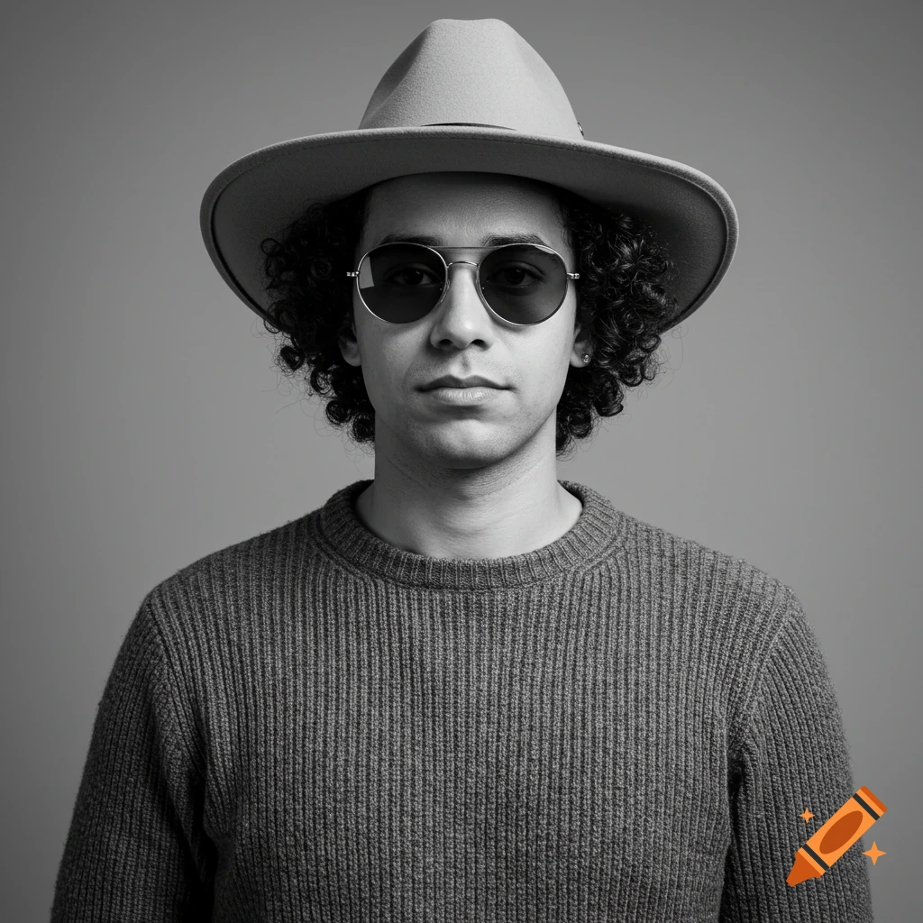 Black and white portrait of a person in a hat and sunglasses.