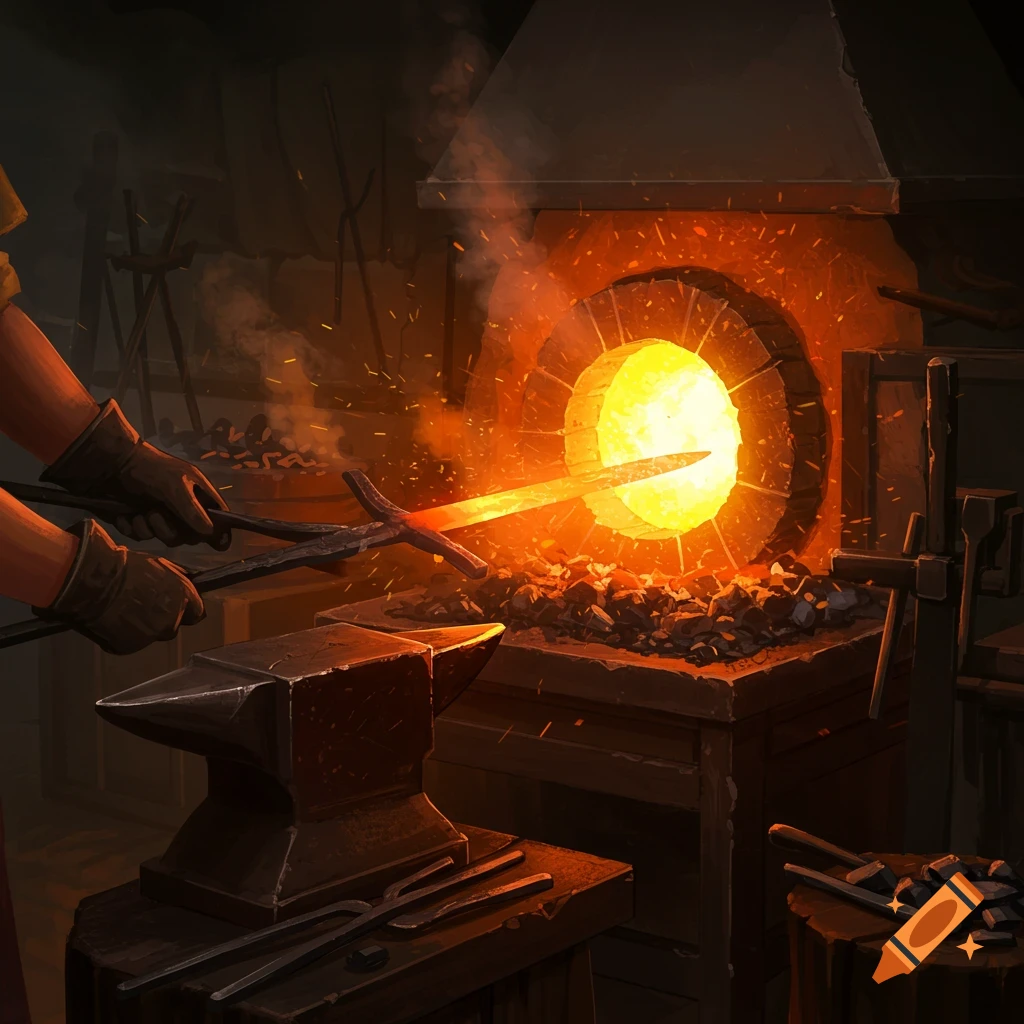 A blacksmith forging a sword in a furnace.