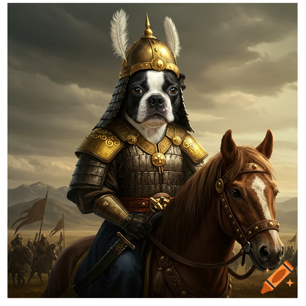 A Boston Terrier dog in golden armor riding a horse on a battlefield.