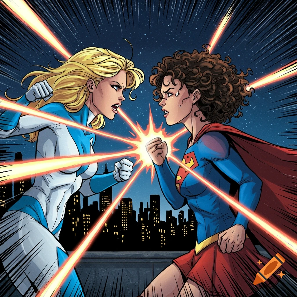 Comic art of Galatea and Supergirl fighting, fists touching and emitting energy bursts over a city skyline at night.
