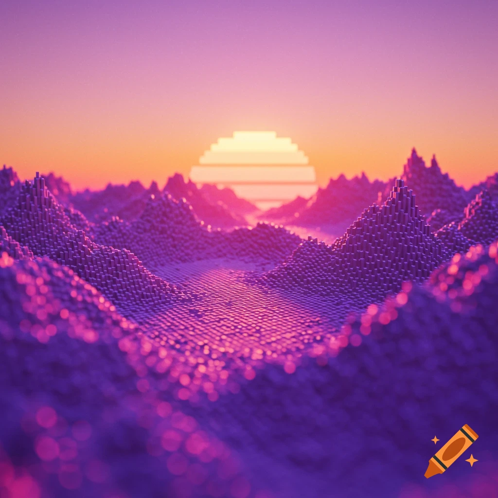 Pixelated landscape of mountains and ground texture with a pixelated sun setting in an orange sky.