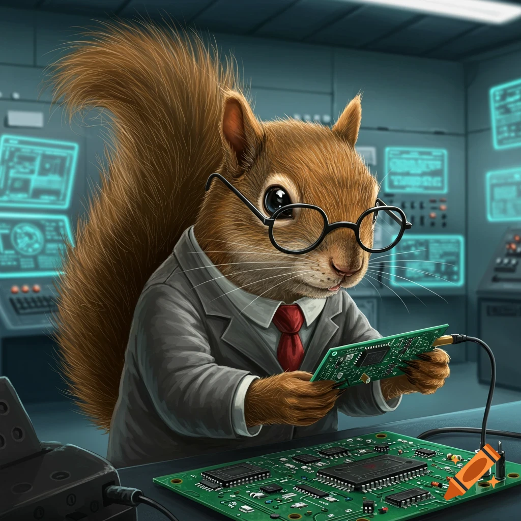 A squirrel in a suit and glasses working on a circuit board in a lab.