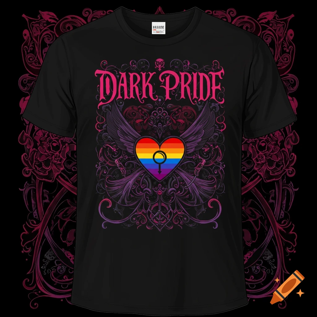 Black t-shirt with a gothic design featuring 'DARK PRIDE' text, rainbow heart, and wings.