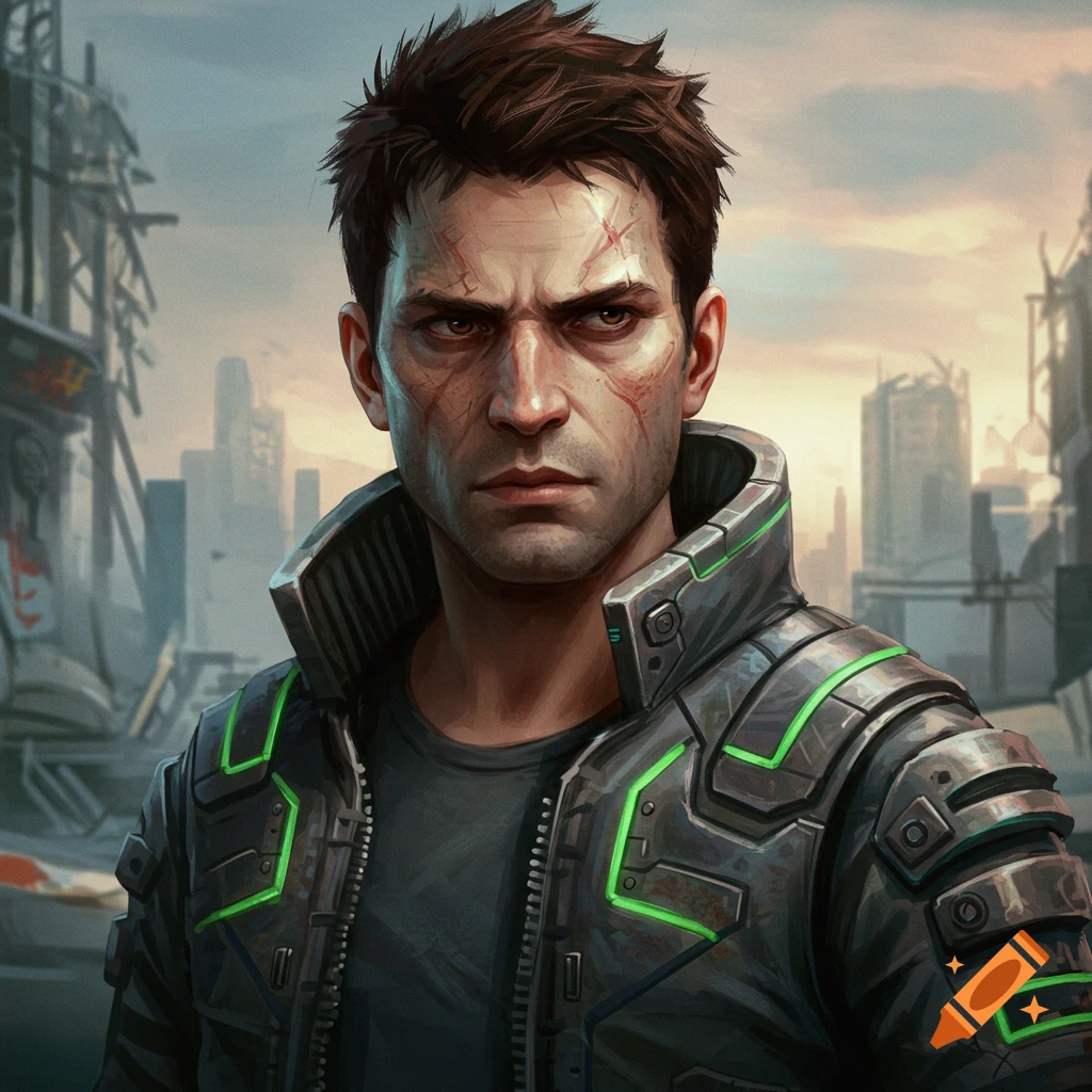 A man with scars in a futuristic jacket stands in a ruined city.