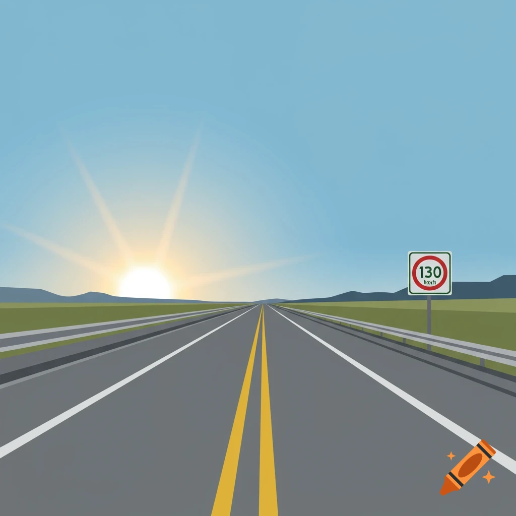 A straight highway at sunset with a 130 km/h speed limit sign in vector style.
