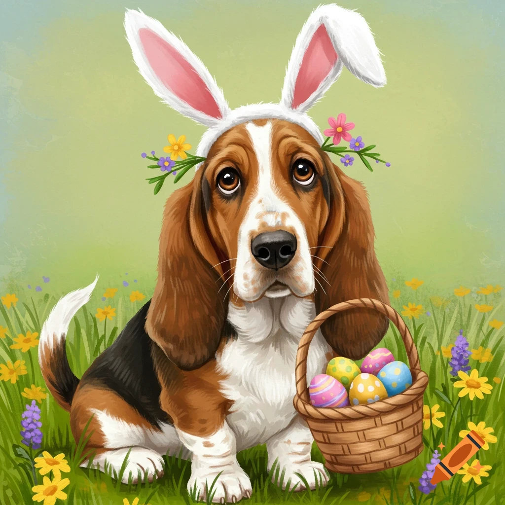 A basset hound wearing bunny ears, holding an Easter basket with colorful eggs in a field of flowers.