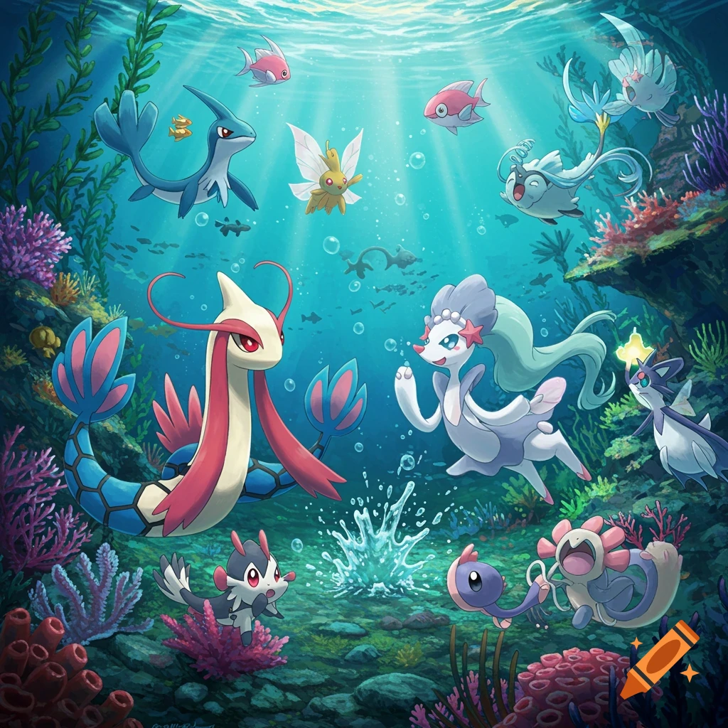 Various Pok
00e9mon swimming among coral reefs underwater