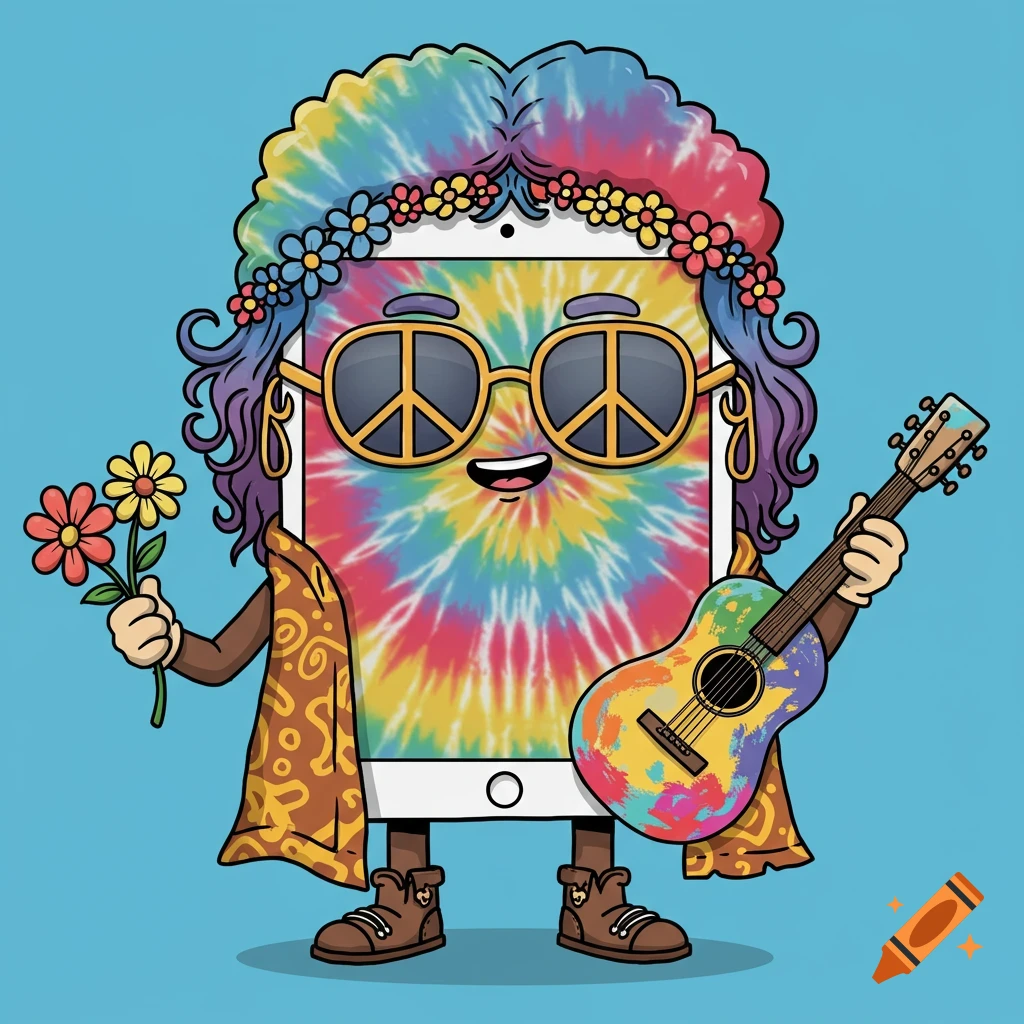 A vector graphic of a tablet character dressed as a hippie, holding flowers and a guitar