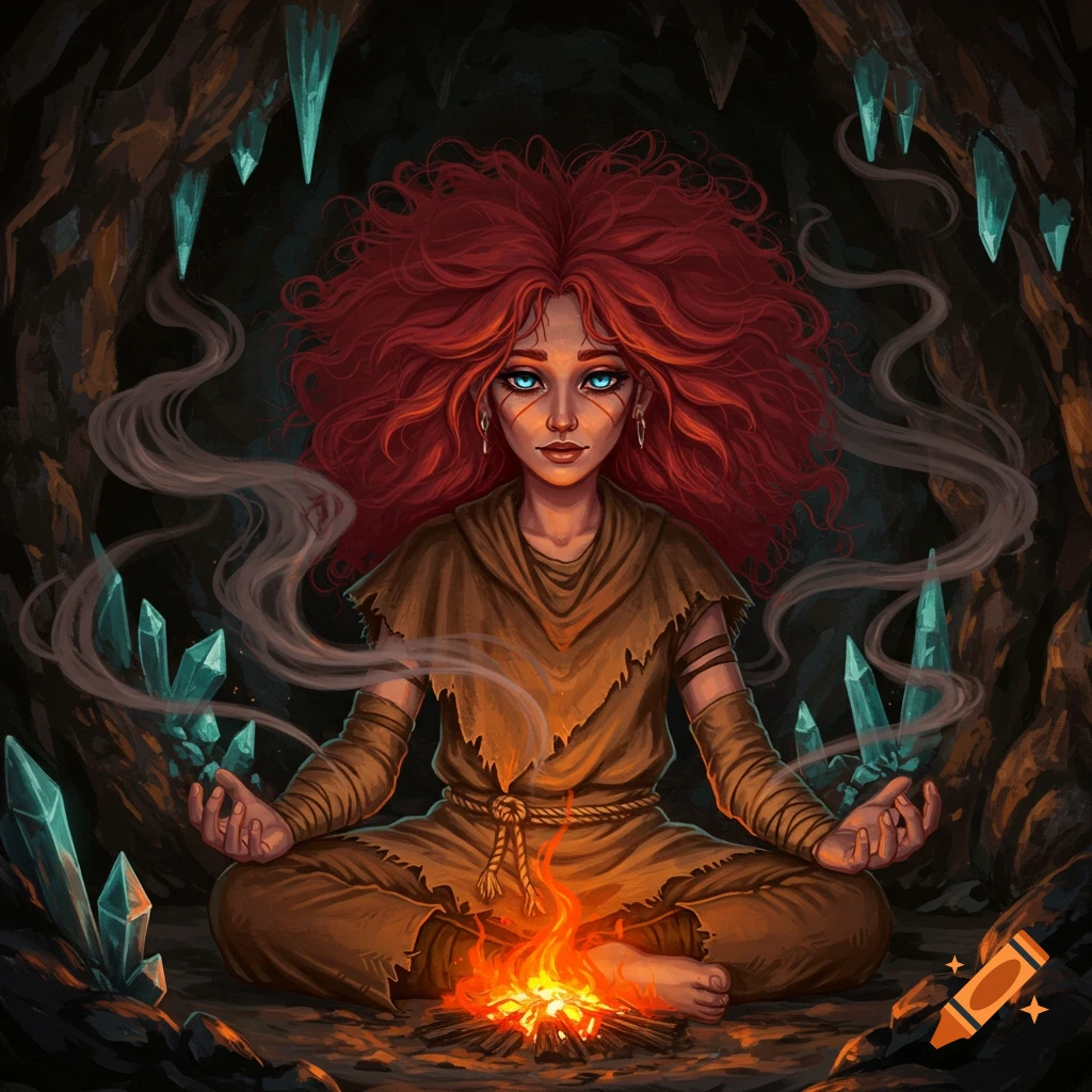 A person with red hair is meditating in a cave filled with fire and crystals.
